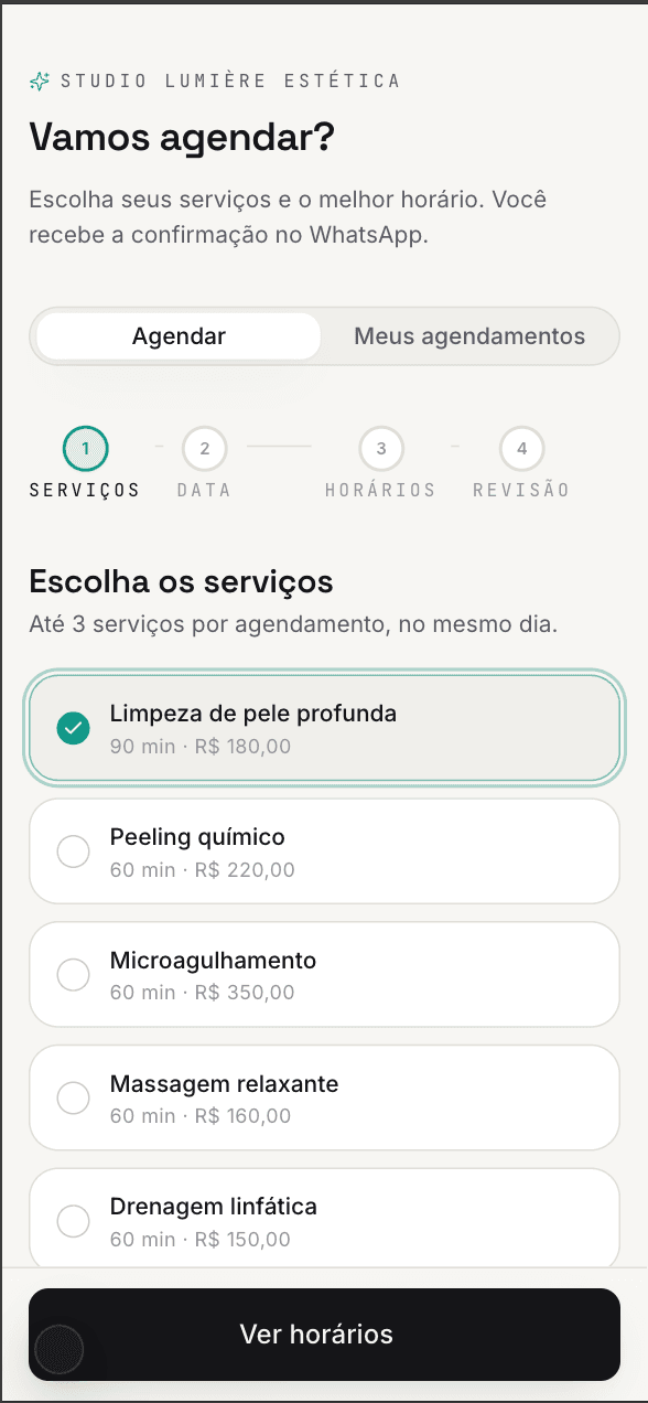 Portal de agendamento: tela de escolha de serviços.